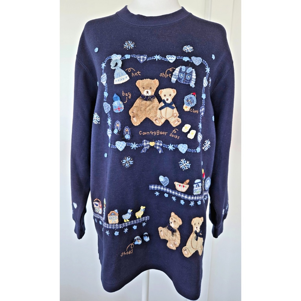Vtg Cuse Berry Navy Hand Emboidered Comics Crew Sweater Cottage Core Sz L